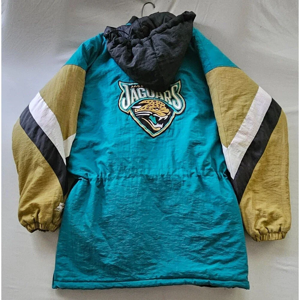 Vintage 90s Starter Jaguars NFL Parka Jacket XL Teal Puffer Banned Logo Hooded